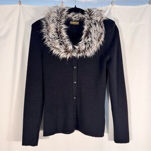 Vintage Georgiou Black Cardigan w/ Faux Fur Collar